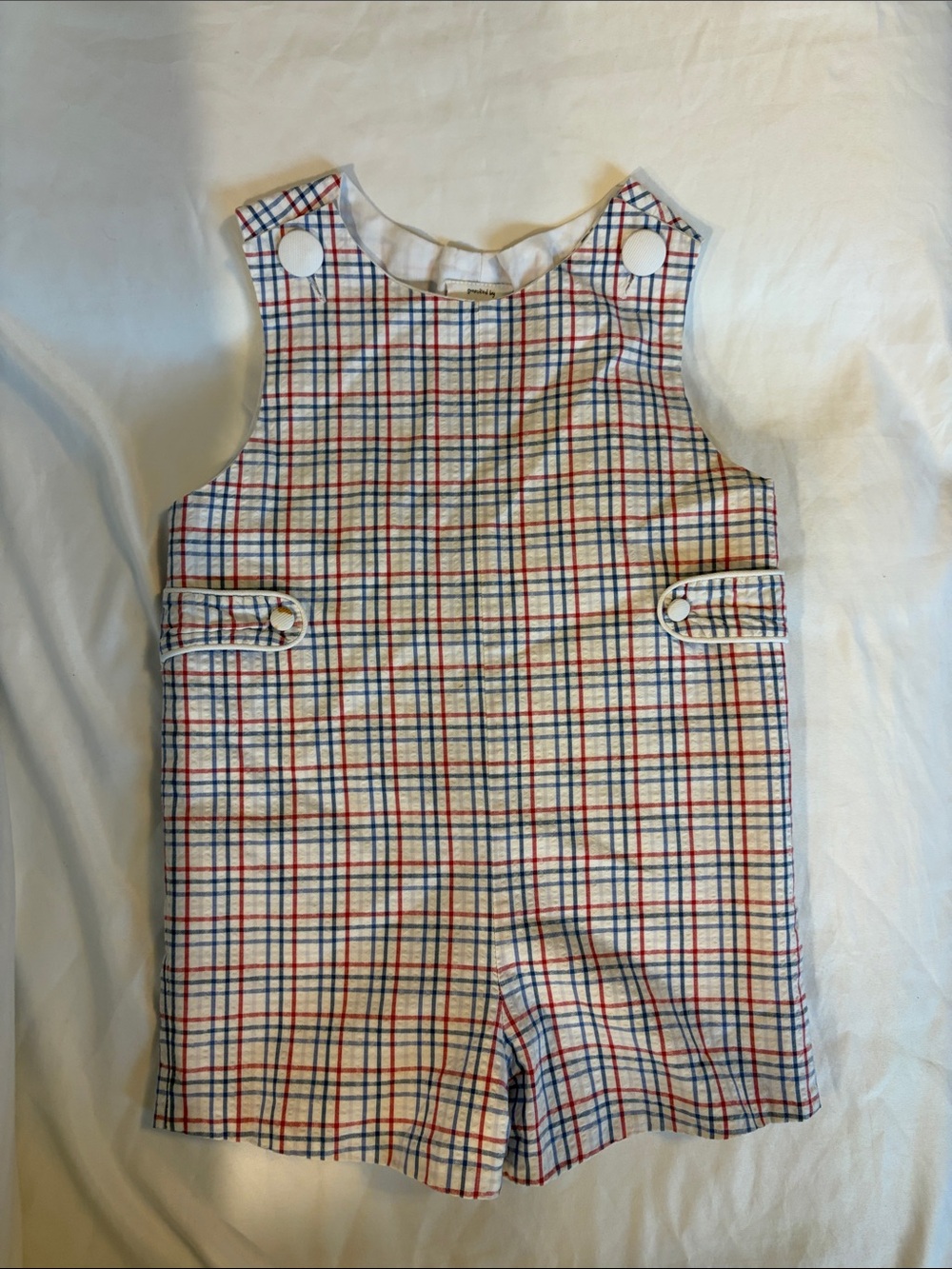 Plaid Cotton Kids One-Piece Overalls in White with Red & Blue